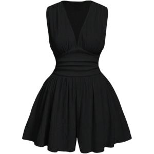 image:imageSOLY HUX Womens Plus Size Ruched Deep V Neck Romper Summer Sleeveless Wide leg Short JumpsuitsPlain Black