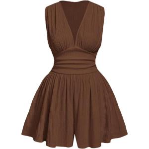 image:imageSOLY HUX Womens Plus Size Ruched Deep V Neck Romper Summer Sleeveless Wide leg Short JumpsuitsPlain Brown