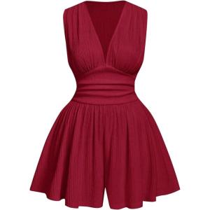 image:imageSOLY HUX Womens Plus Size Ruched Deep V Neck Romper Summer Sleeveless Wide leg Short JumpsuitsPlain Red