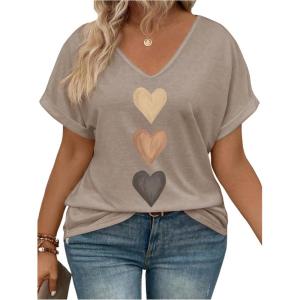 image:imageSOLY HUX Womens Plus Size Short Sleeve T Shirts V Neck Heart Graphic Summer Tee TopsKhaki Hearts