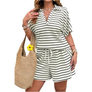 image:imageSOLY HUX Womens Plus Size Summer Outfits Striped Print Short Sleeve Top and Shorts 2 Piece SetApricot Striped