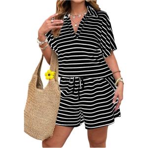 image:imageSOLY HUX Womens Plus Size Summer Outfits Striped Print Short Sleeve Top and Shorts 2 Piece SetBlack Striped