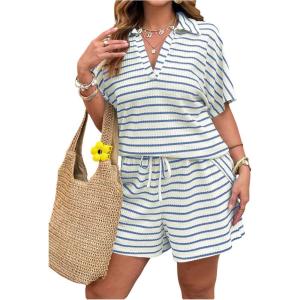 image:imageSOLY HUX Womens Plus Size Summer Outfits Striped Print Short Sleeve Top and Shorts 2 Piece SetLight Blue Striped