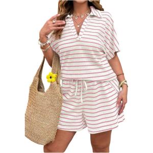 image:imageSOLY HUX Womens Plus Size Summer Outfits Striped Print Short Sleeve Top and Shorts 2 Piece SetPink Striped