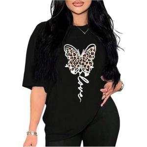 image:imageSOLY HUX Womens Plus Size Summer Tops Short Sleeve Leopard Graphic Tees Crew Neck TShirtsBlack Butterfly