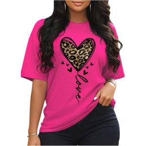 image:imageSOLY HUX Womens Plus Size Summer Tops Short Sleeve Leopard Graphic Tees Crew Neck TShirtsHot Pink