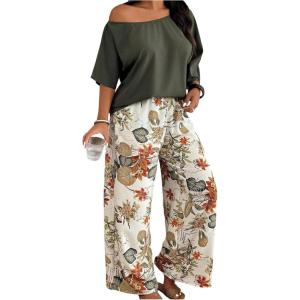 image:imageSOLY HUX Womens Plus Size Summer Vacation Outfits 2 Piece Off the Shoulder 34 Sleeve Blouse and Floral Pants SetGreen Floral