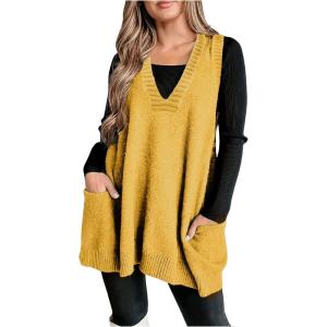 image:imageSOLY HUX Womens Plus Size Sweater Vest V Neck Sleeveless Loose Fit Knit Pullover Tank Tops with PocketsPure Yellow