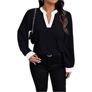 image:imageSOLY HUX Womens Plus Size Tops Notched V Neck Long Sleeve Color Block Casual Work BlouseBlack Colorblock
