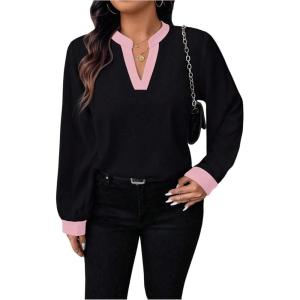 image:imageSOLY HUX Womens Plus Size Tops Notched V Neck Long Sleeve Color Block Casual Work BlouseBlack and Pink