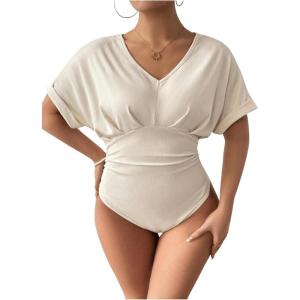 image:imageSOLY HUX Womens Plus Size V Neck Tummy Control Bodysuit Short Sleeve Ruched Leopard TopsSolid Apricot