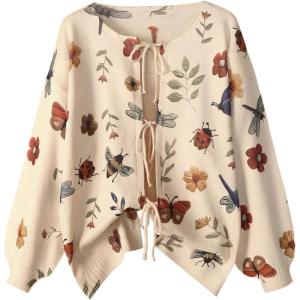 image:imageSOLY HUX Womens Plus Size Vintage Floral Print Lace Up Cardigan Sweater Long Sleeve Knitted Retro OuterwearApricot Floral