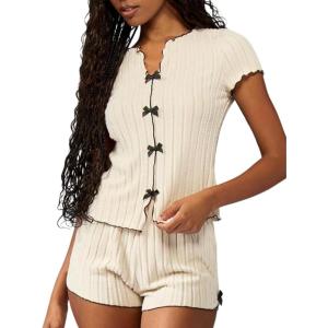 image:imageSOLY HUX Womens Ribbed Knit Lounge Set Bowknot Short Sleeve Top and Shorts Pajama Sleepwear OutfitsApricot Bows