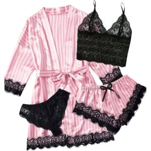 image:imageSOLY HUX Womens Satin Pajama Set Lace Striped Cami Top and Shorts Panty with Robes 4 Piece Pjs SleepwearPink Multi