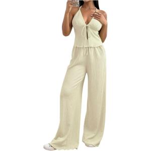 image:imageSOLY HUX Womens Sexy 2 Piece Outfits Sleeveless Halter Top and Wide Leg Pants SetPlain Apricot
