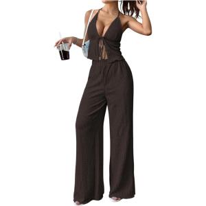 image:imageSOLY HUX Womens Sexy 2 Piece Outfits Sleeveless Halter Top and Wide Leg Pants SetPlain Brown