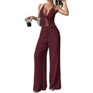 image:imageSOLY HUX Womens Sexy 2 Piece Outfits Sleeveless Halter Top and Wide Leg Pants SetPlain Burgundy