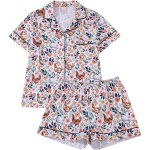image:imageSOLY HUX Womens Short Pajamas Set Cute Printed Button Short Sleeve Shirt with Shorts Sleepwear PJs SetWhite Animals