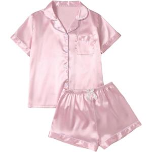 image:imageSOLY HUX Womens Silk Pajama Set Short Sleeve Satin Sleepwear Button Down Shirt and Shorts Sets LoungewearPlain Pink