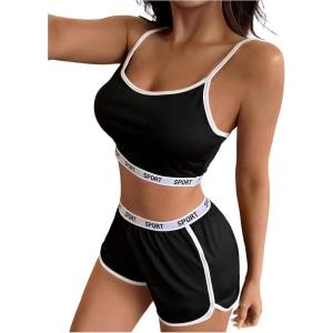 image:imageSOLY HUX Womens Sleepwear Two Piece Pajama Set Camisole Crop Top and Mini Shorts LoungewearBlack Letter