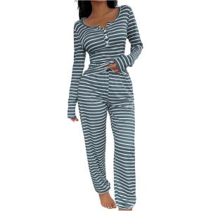 image:imageSOLY HUX Womens Striped Pajama Set Long Sleeve T Shirt Tops and Pants Fall Loungewear SleepwearBlue Striped