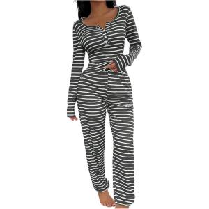 image:imageSOLY HUX Womens Striped Pajama Set Long Sleeve T Shirt Tops and Pants Fall Loungewear SleepwearDark Grey Striped