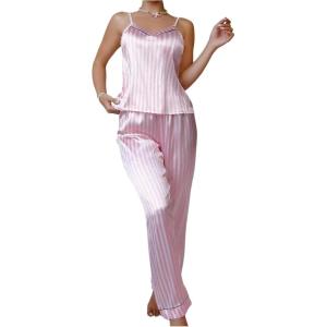 image:imageSOLY HUX Womens Striped Satin Silk Pajama Set Cami Tops and Pants Sleepwear LoungewearPink Striped
