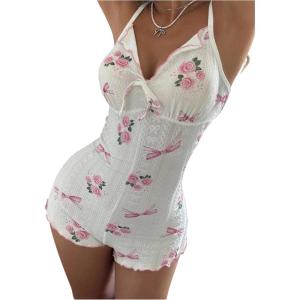 image:imageSOLY HUX Womens Summer Floral Pajamas Sleeveless Sleep Rompers One Piece SleepwearWhite Floral
