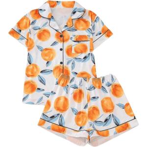 image:imageSOLY HUX Womens Summer Lounge Set Printed Short Sleeve Shirt and Shorts Pajamas Two Piece SleepwearOrange Multi