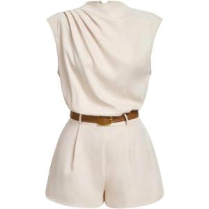 image:imageSOLY HUX Womens Summer Ruched Mock Neck Romper Elegant Cap Sleeve Belted Work Short JumpsuitsPlain Apricot