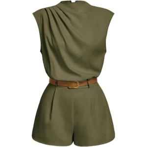image:imageSOLY HUX Womens Summer Ruched Mock Neck Romper Elegant Cap Sleeve Belted Work Short JumpsuitsPure Army Green