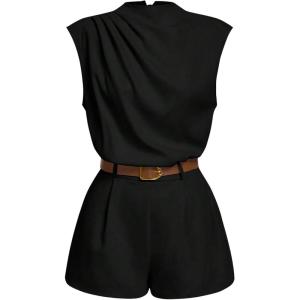 image:imageSOLY HUX Womens Summer Ruched Mock Neck Romper Elegant Cap Sleeve Belted Work Short JumpsuitsPure Black