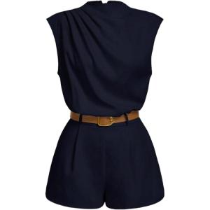 image:imageSOLY HUX Womens Summer Ruched Mock Neck Romper Elegant Cap Sleeve Belted Work Short JumpsuitsPure Dark Blue