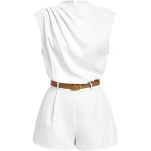 image:imageSOLY HUX Womens Summer Ruched Mock Neck Romper Elegant Cap Sleeve Belted Work Short JumpsuitsPure White