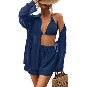 image:imageSOLY HUX Womens Summer Vacation Short Set Halter Crop Top and Shorts with Mesh Button Down Shirt 3 PieceDark Blue