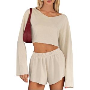 image:imageSOLY HUX Womens Sweatsuits 2 Piece Lounge Set Off The Shoulder Long Sleeve Crop Top and Shorts OutfitsSolid Apricot