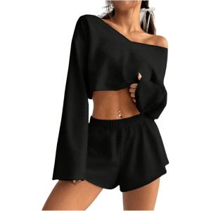 image:imageSOLY HUX Womens Sweatsuits 2 Piece Lounge Set Off The Shoulder Long Sleeve Crop Top and Shorts OutfitsSolid Black