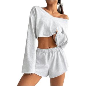 image:imageSOLY HUX Womens Sweatsuits 2 Piece Lounge Set Off The Shoulder Long Sleeve Crop Top and Shorts OutfitsSolid Grey