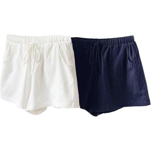 image:imageSOLY HUX Womens Tie Front Elastic Waist Linen Mini Shorts 2 Packs Vacation Summer Short PantsDark Blue and White