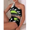 image:imageSOLY HUX Womens 3 Piece Swimsuit Printed One Shoulder High Waisted Bikini Set Bathing Suit with Cover Up PantsBlack and Green