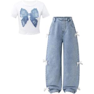 image:imageSOLY HUX Girls 2 Piece Outfits Cute Bow Graphic Short Sleeve T Shirt and Jean Pants Set StreetwearBlue Bow