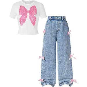 image:imageSOLY HUX Girls 2 Piece Outfits Cute Bow Graphic Short Sleeve T Shirt and Jean Pants Set StreetwearMulticoloured