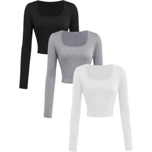 image:imageSOLY HUX Girls 3 Piece Long Sleeve T Shirts Square Neck Basic Slim Fitted Tees Crop TopsBlack Grey White