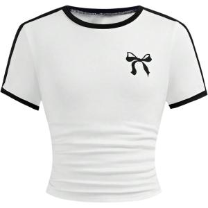 image:imageSOLY HUX Girls Bow T Shirt Short Sleeve Crew Neck Graphic Tees Slim Crop Top Y2k Clothes StreetwearWhite Bow