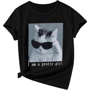 image:imageSOLY HUX Girls Cute Cat Graphic Tees Letter Print Short Sleeve T Shirts Preppy Clothes Summer TopsBlack Slogan
