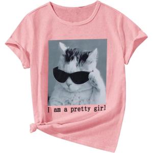 image:imageSOLY HUX Girls Cute Cat Graphic Tees Letter Print Short Sleeve T Shirts Preppy Clothes Summer TopsPink Cat