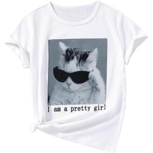image:imageSOLY HUX Girls Cute Cat Graphic Tees Letter Print Short Sleeve T Shirts Preppy Clothes Summer TopsWhite Slogan