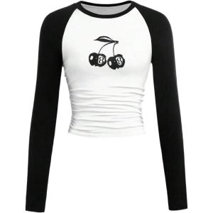 image:imageSOLY HUX Girls Long Sleeve T Shirt Star Graphic Y2k Tees Color Block Crewneck Ruched Slim Fitted TopsBlack and White Cherry