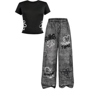 image:imageSOLY HUX Girls Y2k Clothes Star Graphic Crop Top and Baggy Pants Grunge 2 Piece Outfit StreetwearBlack and Grey
