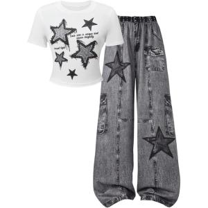 image:imageSOLY HUX Girls Y2k Clothes Star Graphic Crop Top and Baggy Pants Grunge 2 Piece Outfit StreetwearBlack and White